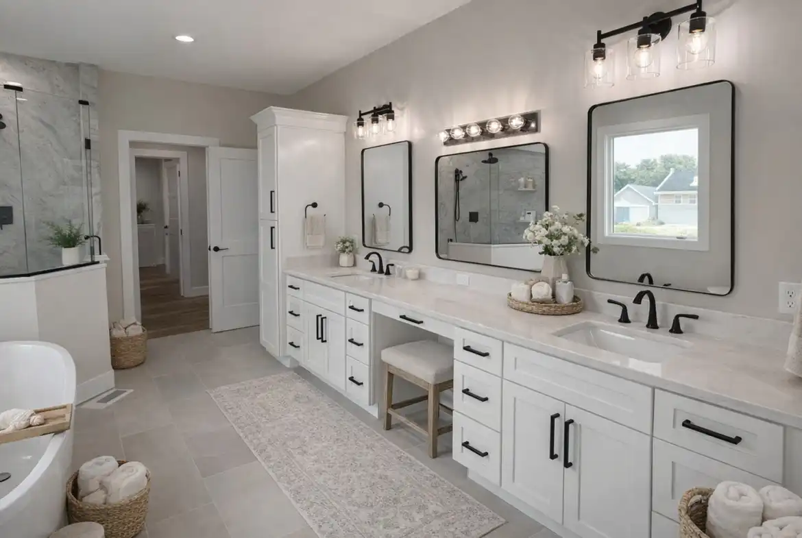 Luxurious Leo bathroom with double vanity, soaking tub, black fixtures, and glass shower.