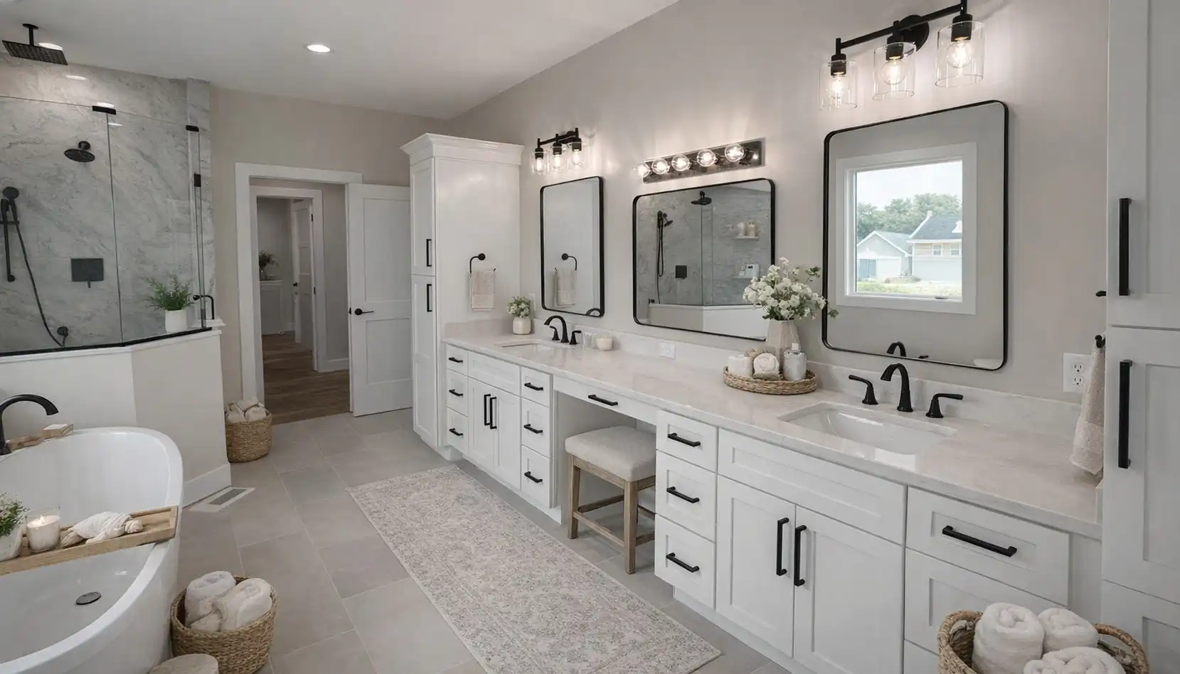 Luxurious Leo bathroom with double vanity, soaking tub, black fixtures, and glass shower.