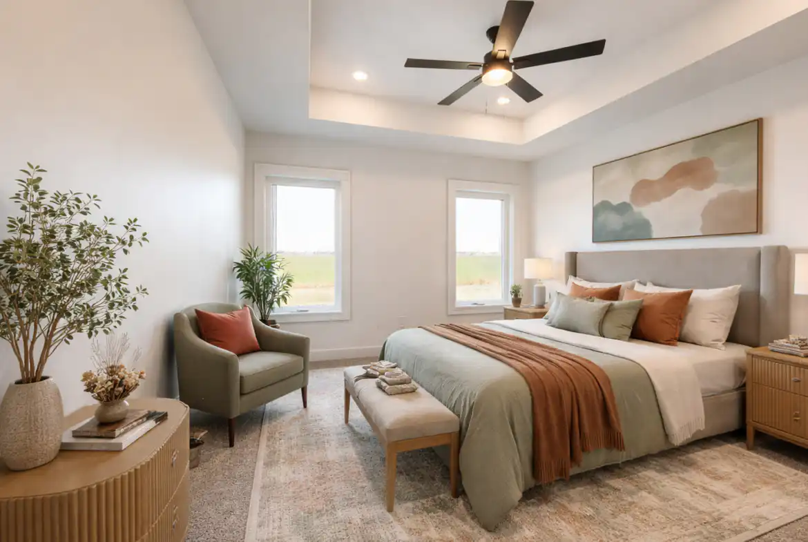 Modern Leo bedroom with earthy bedding, warm wood furniture, abstract art, and lush plants.
