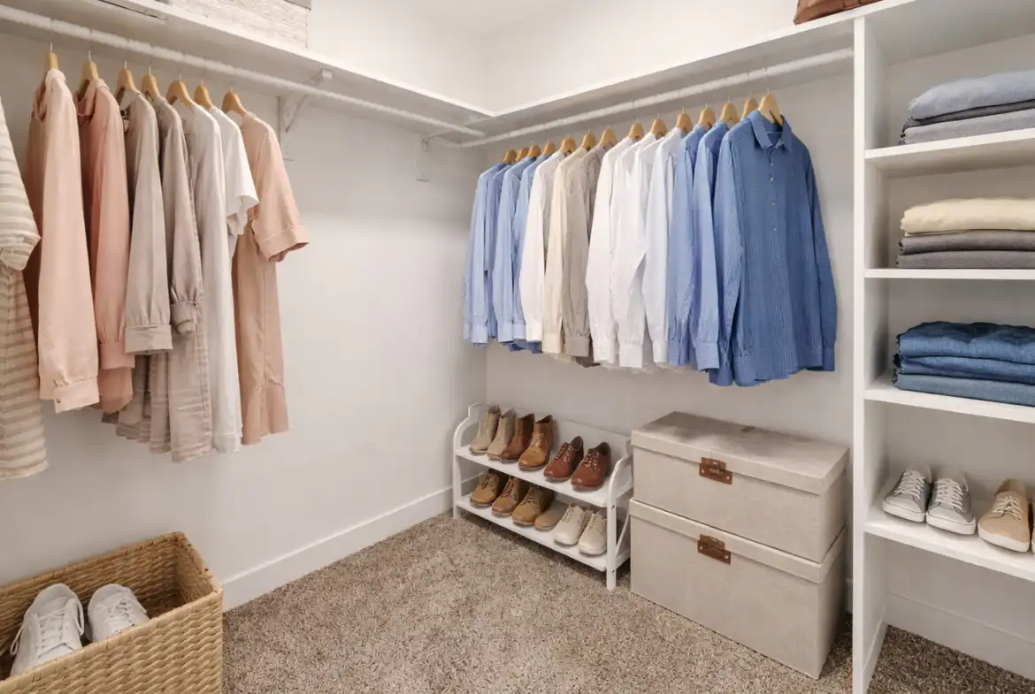 Leo-inspired neutral walk-in closet with color-coordinated clothing, shoes, shelves, and storage baskets.