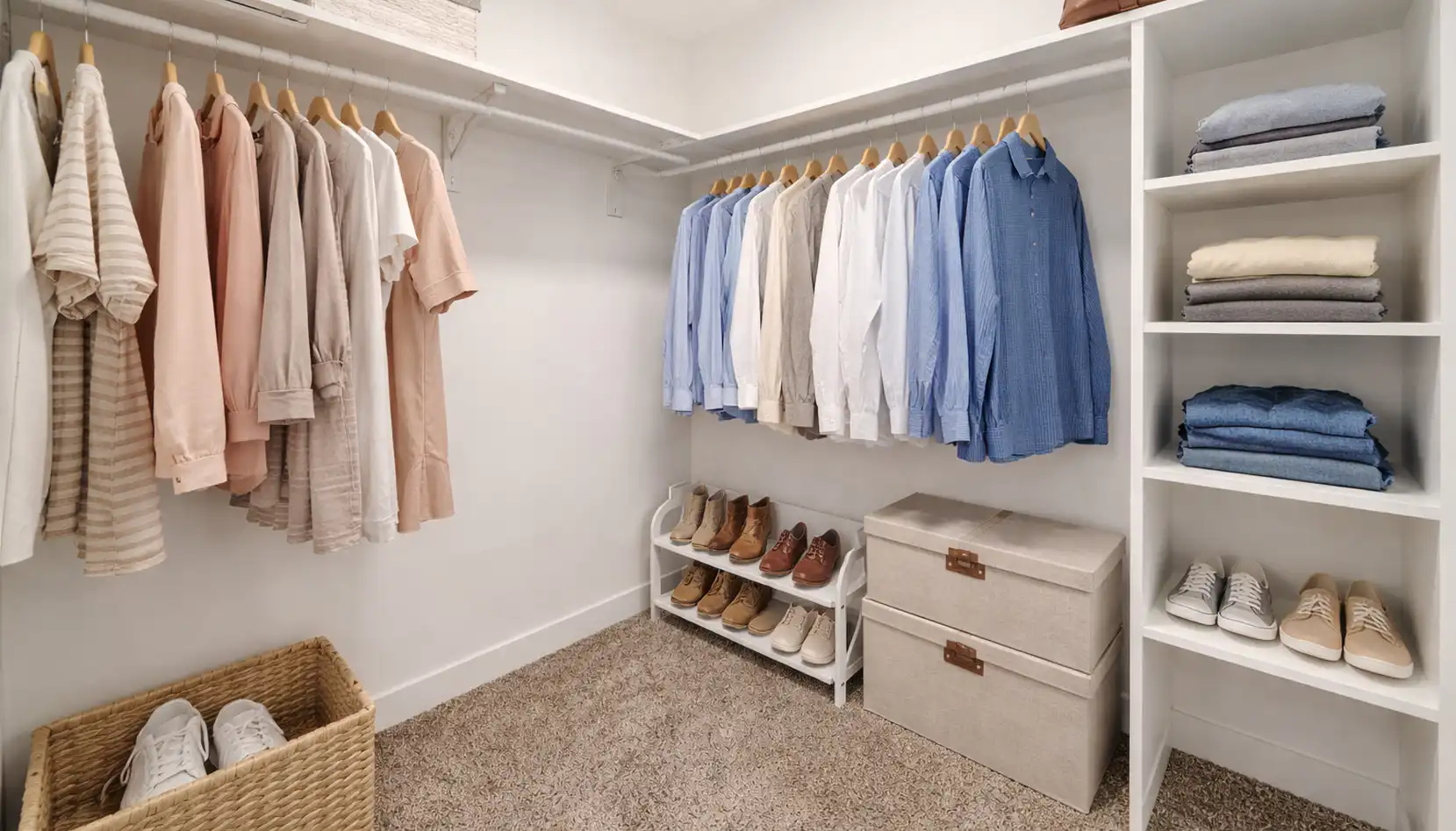 Leo-inspired neutral walk-in closet with color-coordinated clothing, shoes, shelves, and storage baskets.