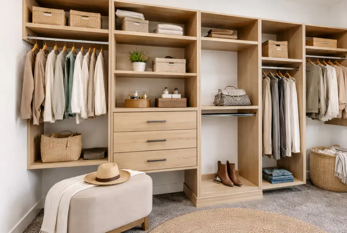 Move-in-ready walk-in closet at 5622 Lenox Drive with light wood built-ins and organized storage