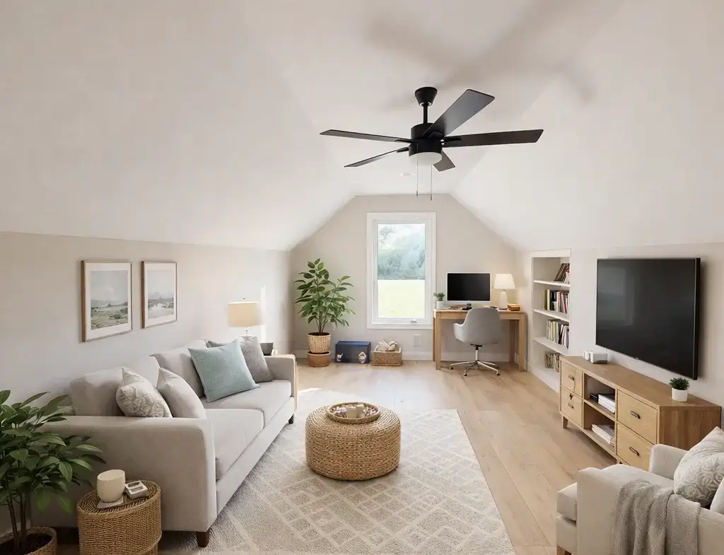 Move-in-ready Harper floor plan living room with neutral sofa, TV, workspace, and natural light.