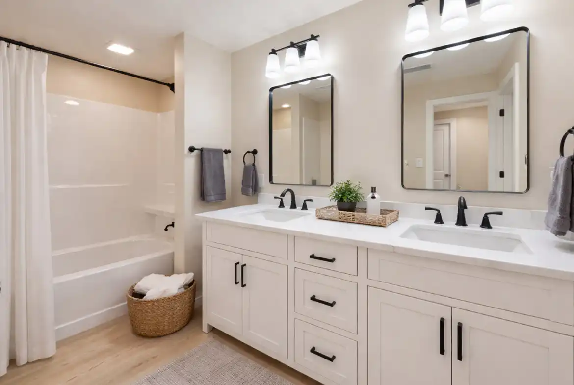 Move-in-ready Asher floor plan bathroom with double vanity and tub at 5622 Lenox Drive.