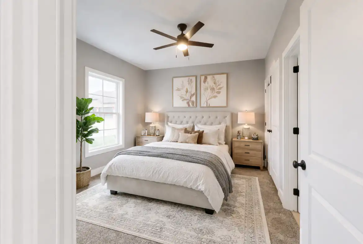Bright neutral bedroom in the move-in-ready Asher floor plan at 5622 Lenox Drive.