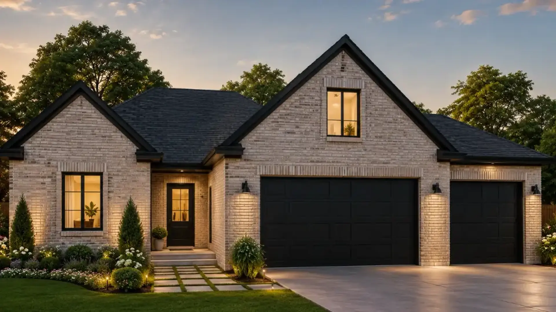 Eleanor 3-Car pale brick home with black garage doors and manicured landscaping at sunset.