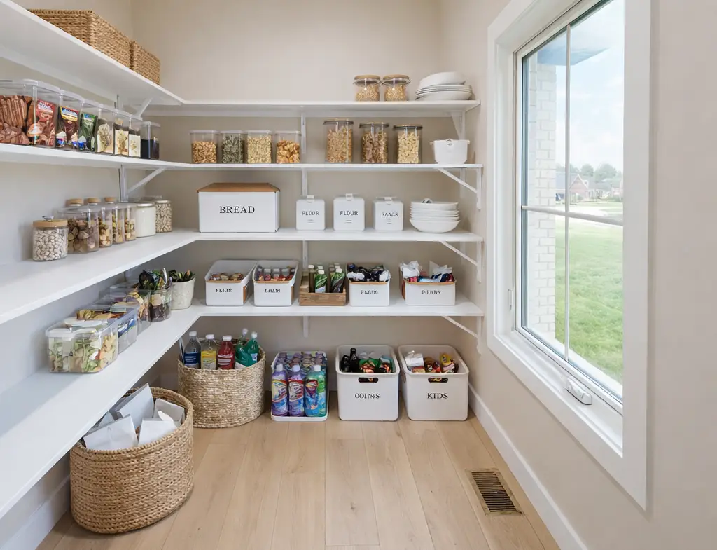 Move-in ready bedroom in the Harper floor plan with light wood furnishings and serene lawn views.