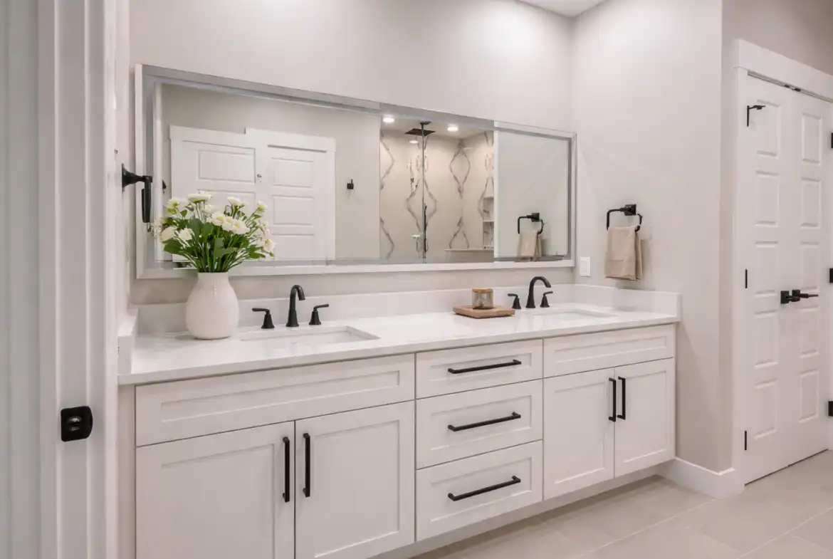 Move-in-ready Harper floor plan bathroom with double vanity, white cabinets, and black fixtures.