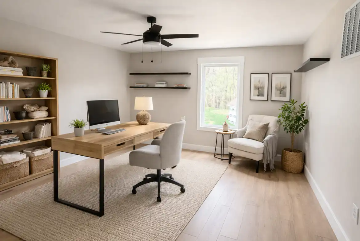Harper floor plan home office with wood desk, reading nook, bookshelf, and plants.