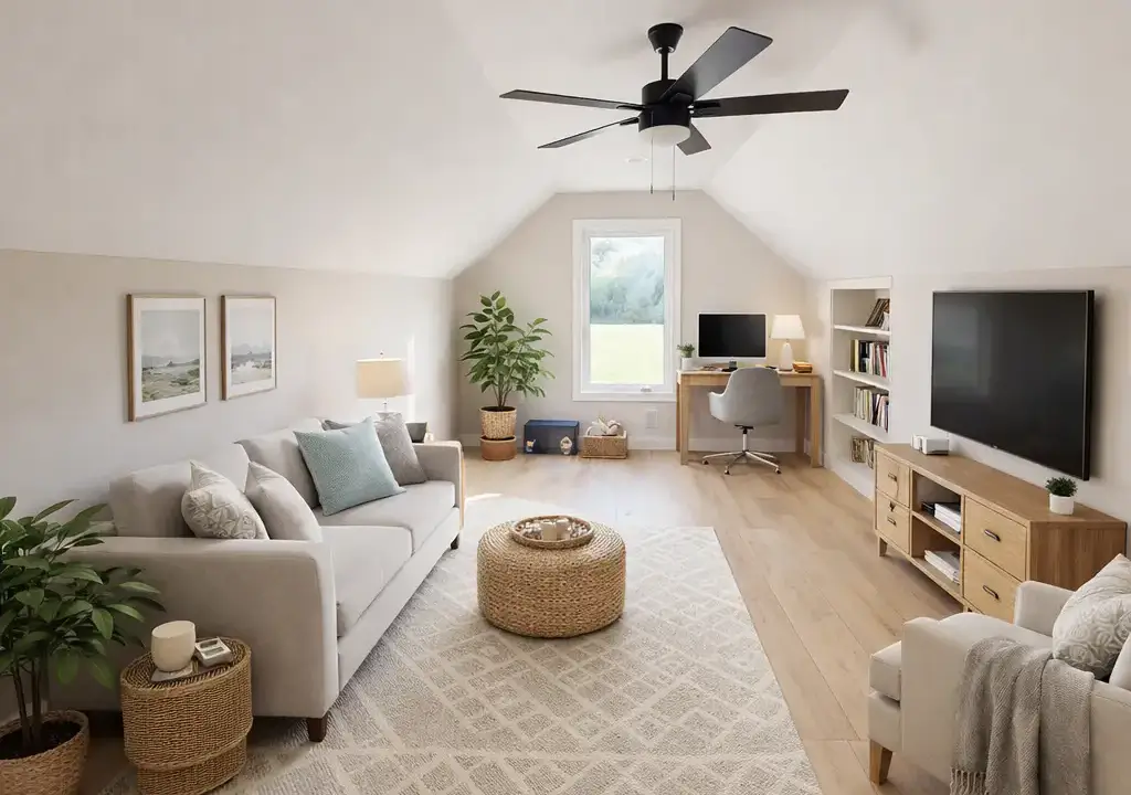 Move-in-ready Harper floor plan living room with neutral sofa, TV, workspace, and natural light.