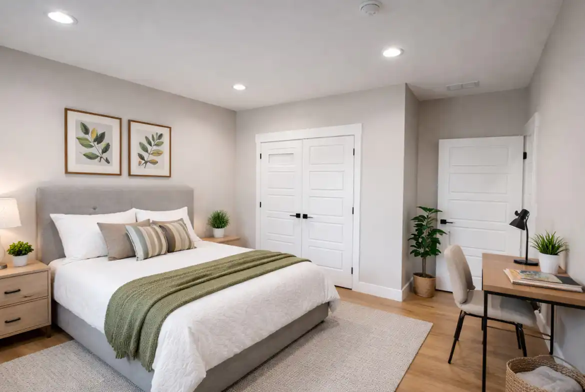 Move-in-ready bedroom in the Harper floor plan with neutral decor and modern furnishings.