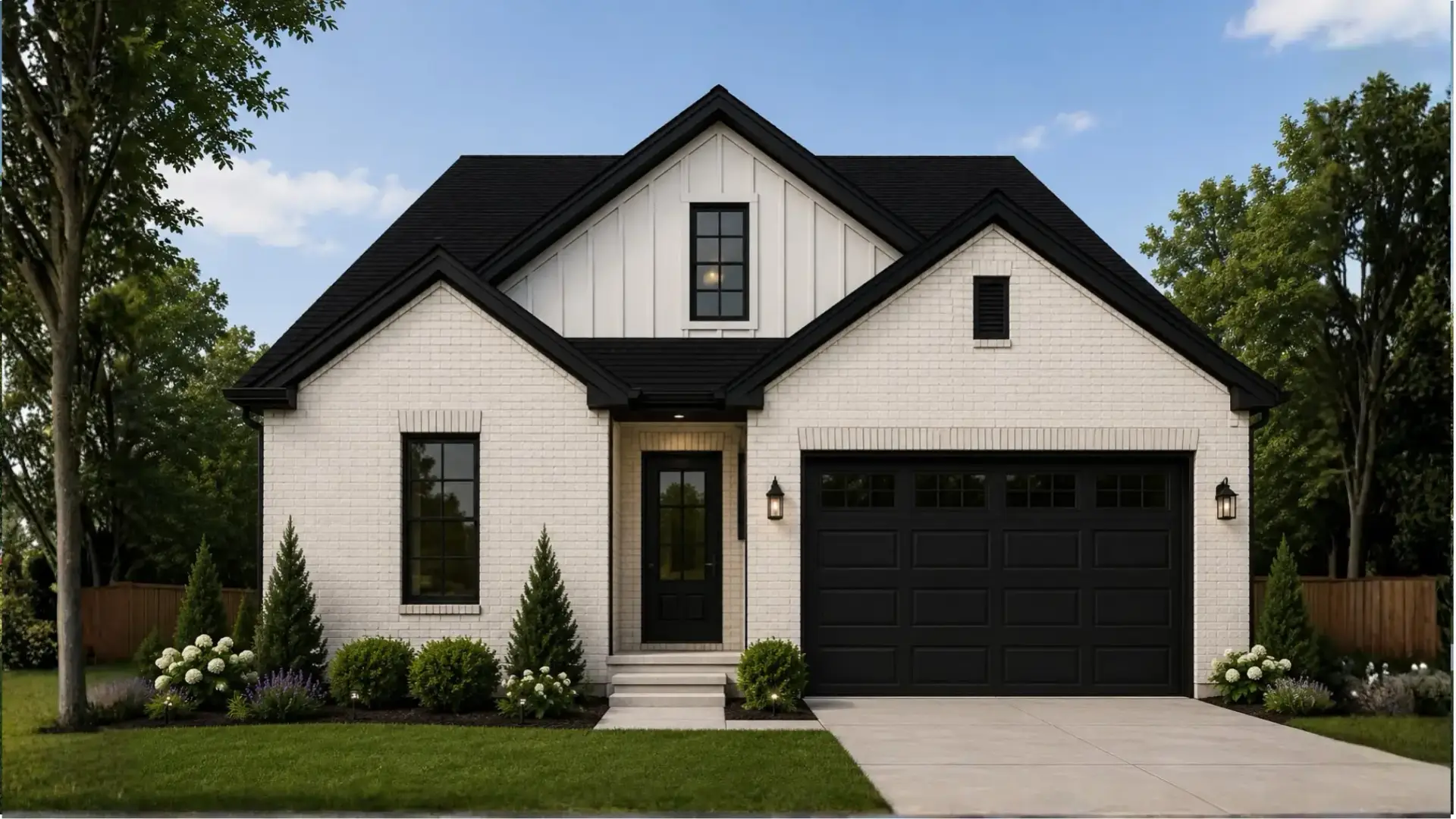 Liam’s modern white brick house with black roof, two-car garage, and landscaped yard.