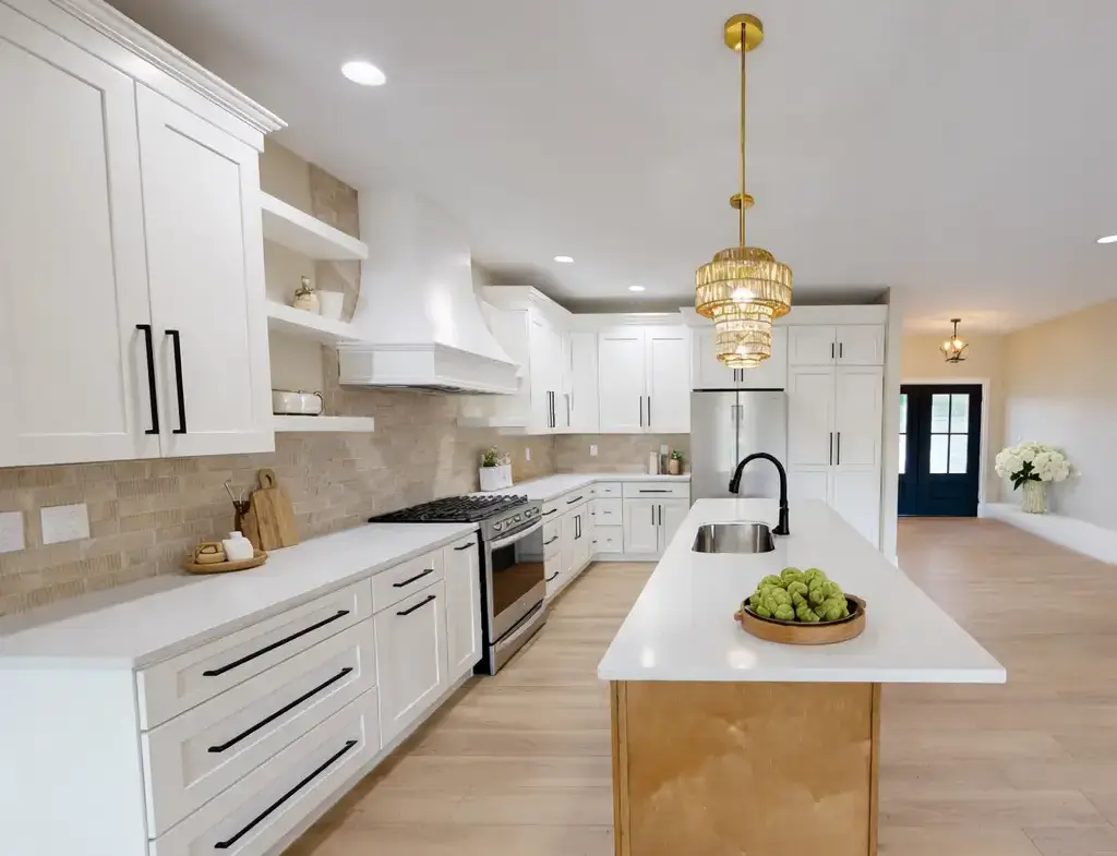 Move-in-ready Harper floor plan kitchen with white cabinets, stainless steel appliances, and waterfall island