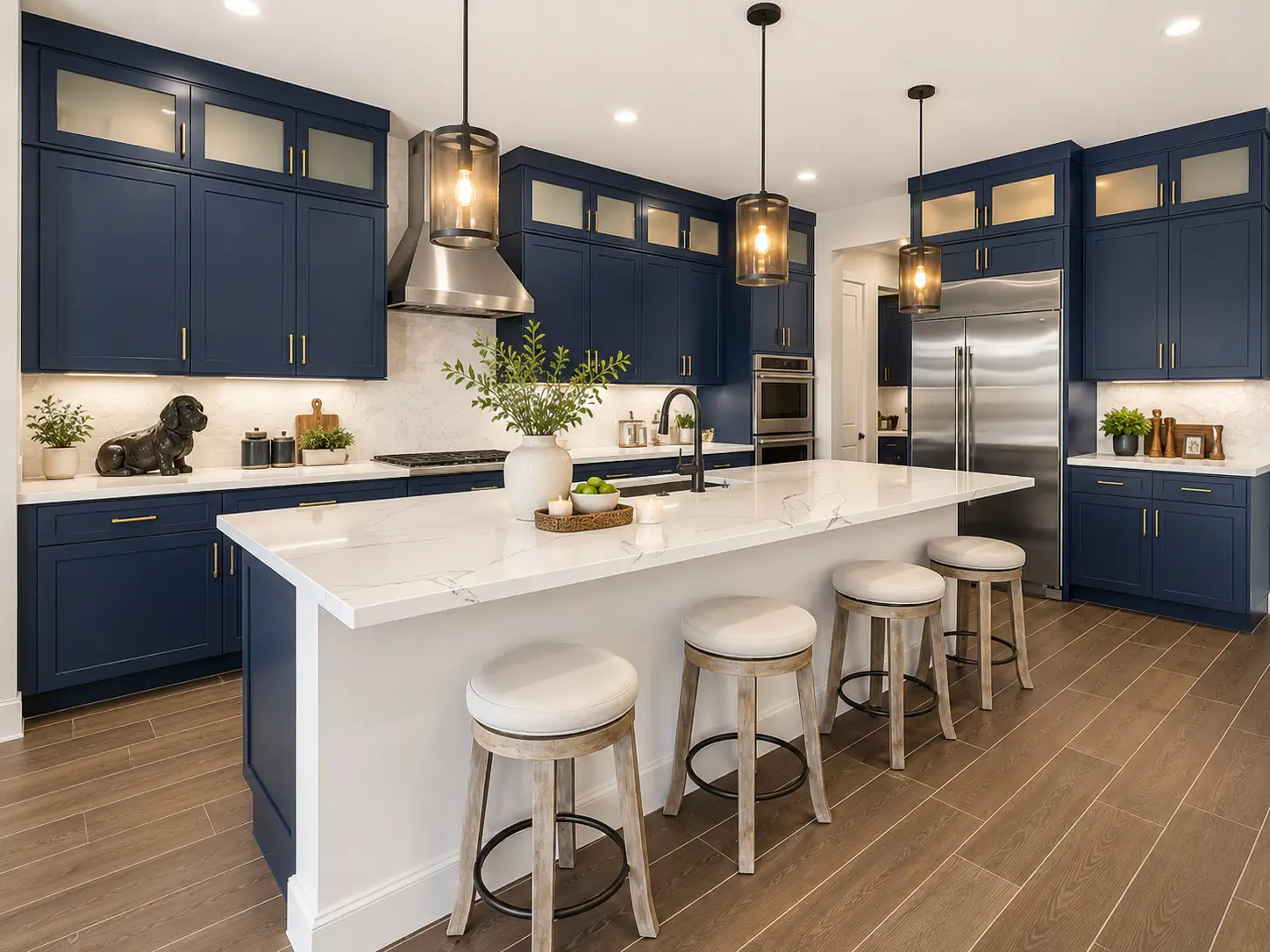 Modern navy kitchen with white marble island, brass hardware, pendant lights, and wood stools.