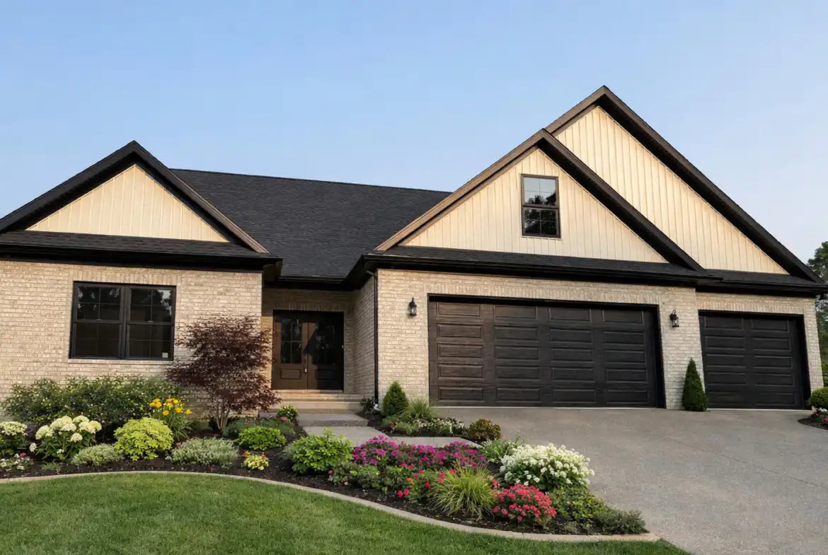 Modern cream brick home with three-car garage, curved driveway, and colorful landscaping.
