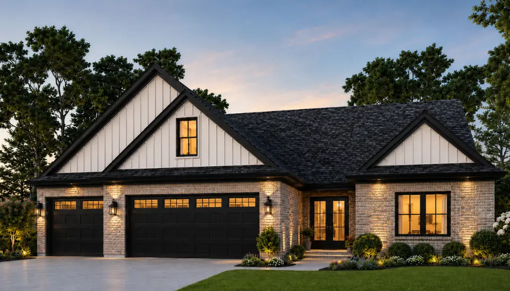 Robin on the lawn of a modern suburban home with black garage doors at dusk.