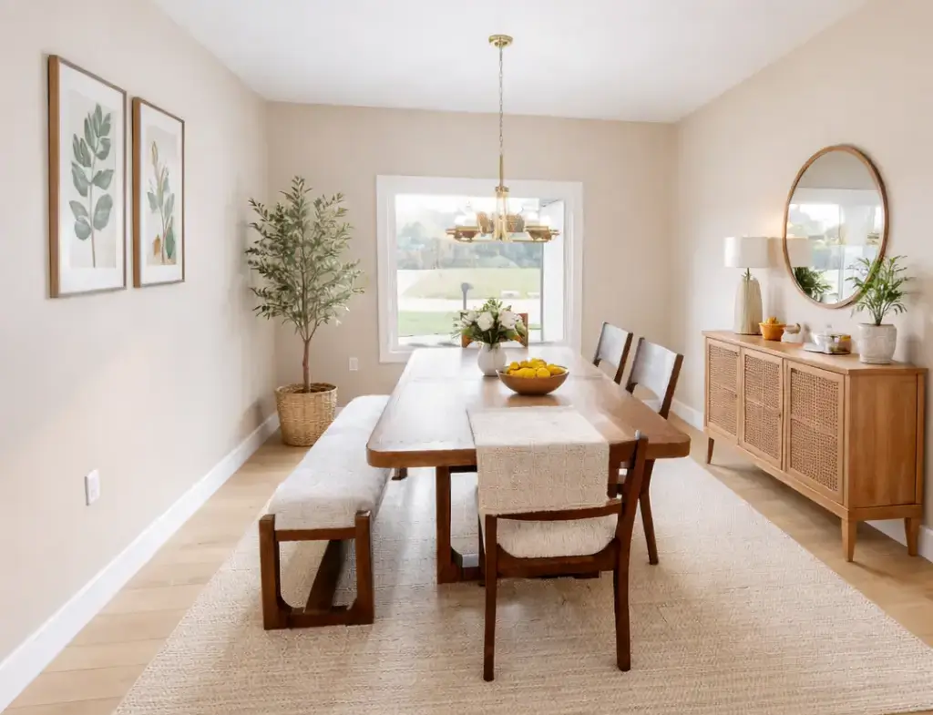 Move-in-ready Harper floor plan dining room with wood table, sideboard, and modern glass pendant.