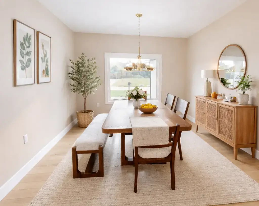 Move-in-ready Harper floor plan dining room with wood table, sideboard, and modern glass pendant.