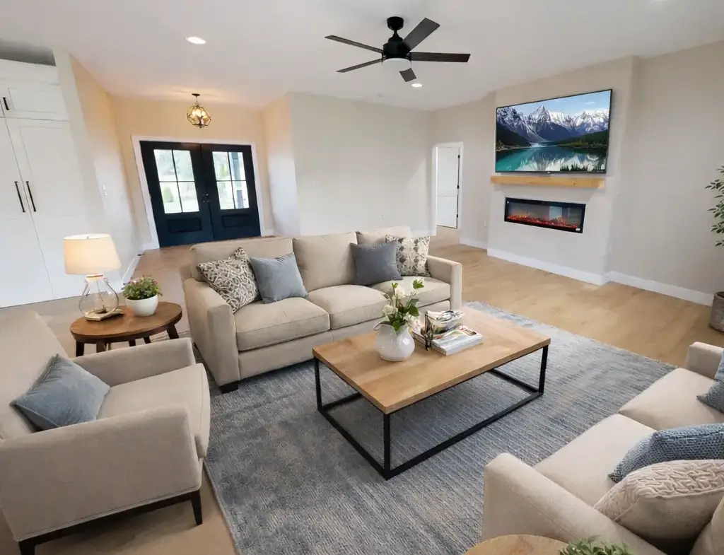 Move-in-ready Harper floor plan living room with sectional, cream chairs, and electric fireplace.