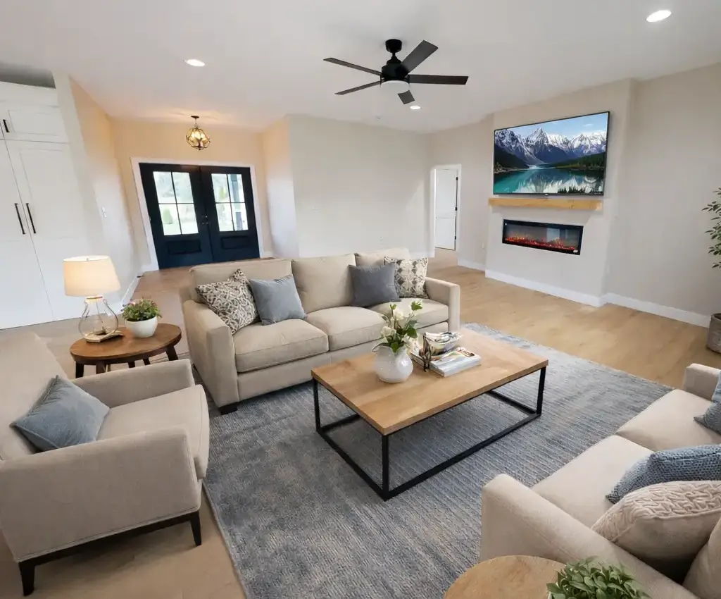 Move-in-ready Harper floor plan living room with sectional, cream chairs, and electric fireplace.
