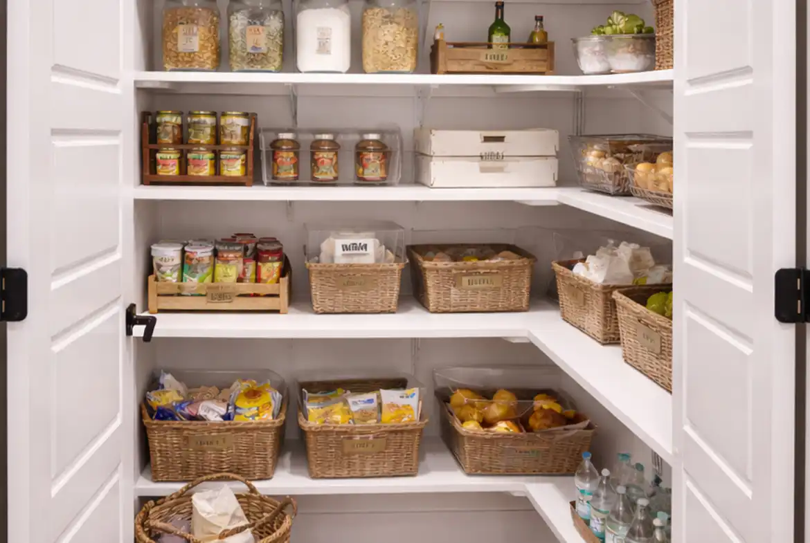 Organized walk-in pantry in a move-in-ready Harper floor plan home for sale.