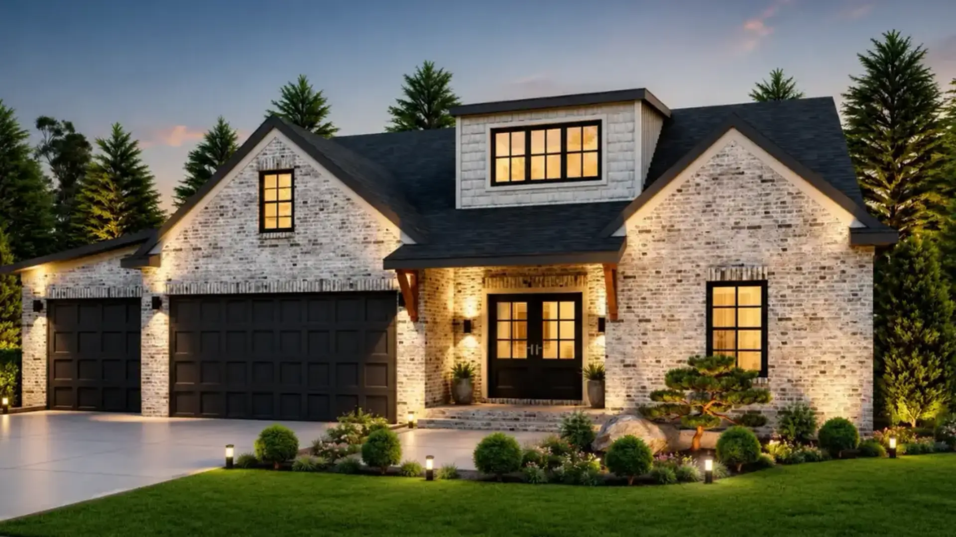 Amy floor plan with whitewashed brick, black garage doors, and illuminated windows at dusk.