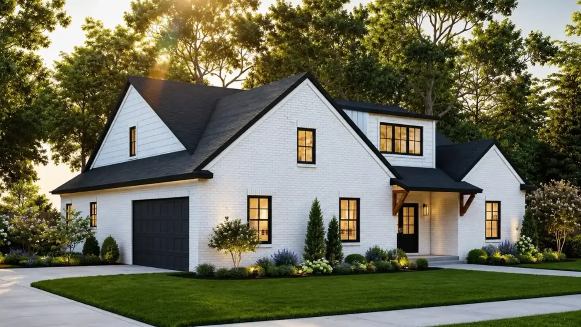 Amy side-garage modern farmhouse with white brick, black trim, and landscaped front yard.