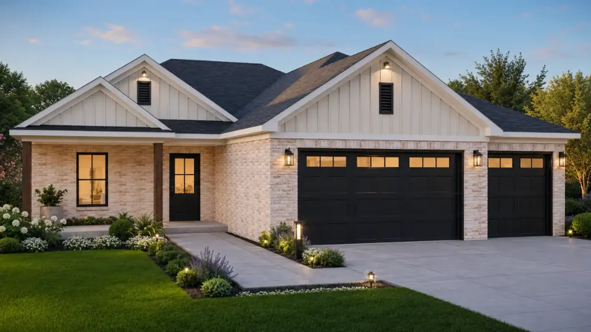 Modern Aurora farmhouse with pale brick, black three-car garage, and landscaped lawn at dusk.