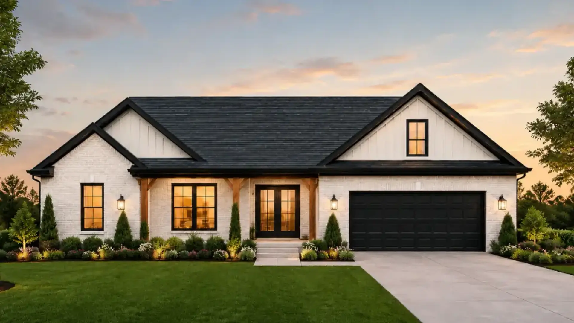 Ava front-garage modern farmhouse with white brick, black roof, and landscaped lawn at sunset.