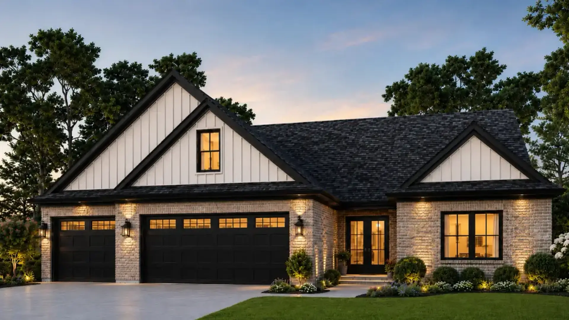 Cooper modern farmhouse at dusk with three-car garage, pale brick, black trim, and warm lighting.
