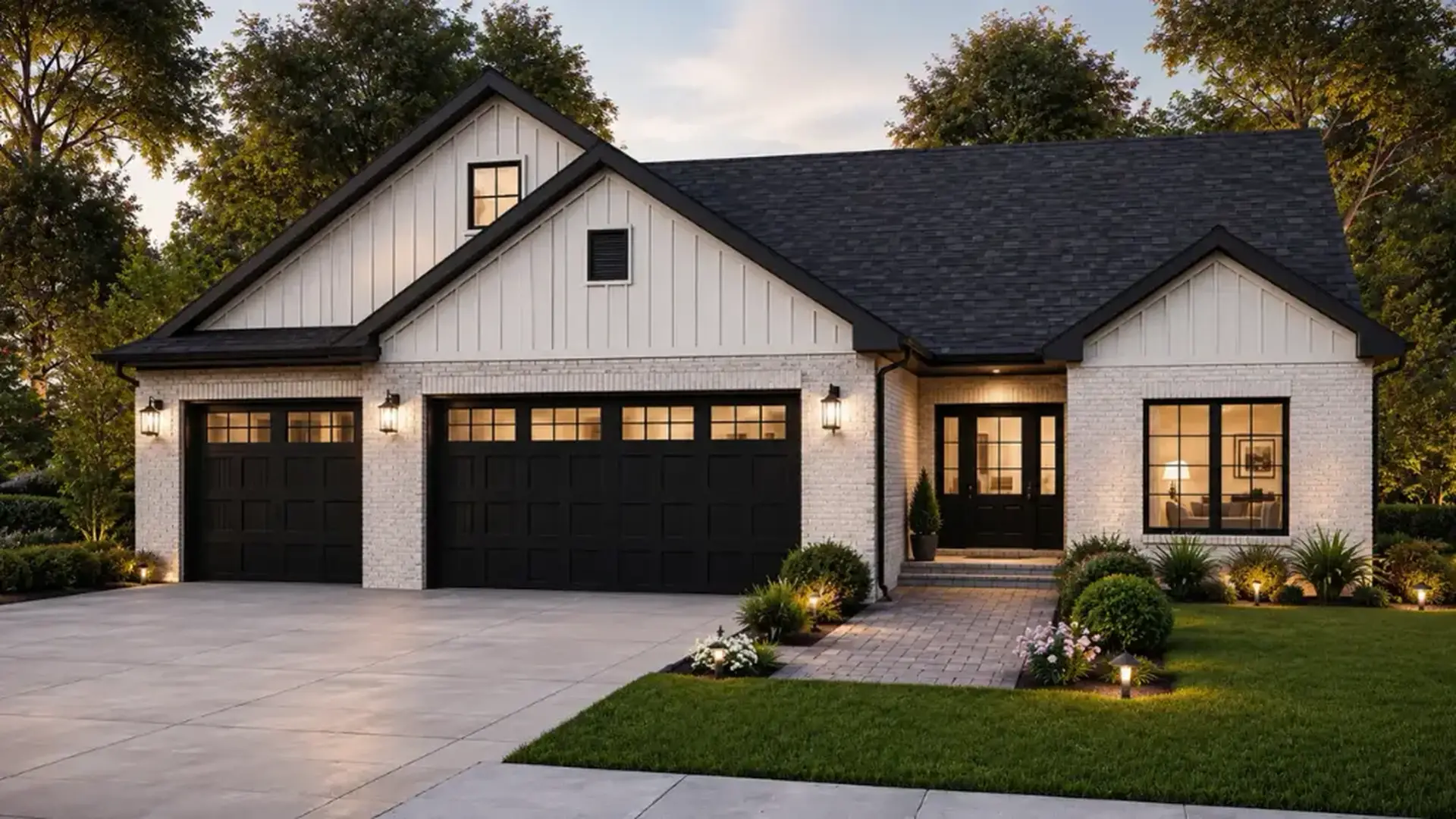 DaVinci modern white brick house with black garage doors and landscaped yard at dusk.
