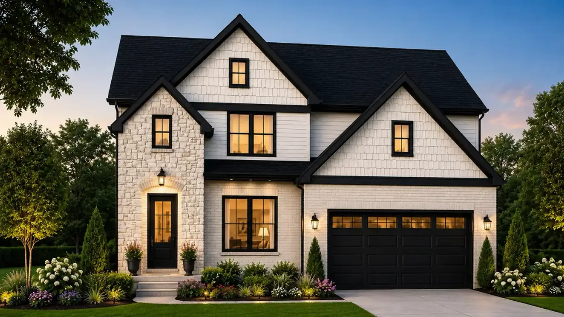 Emma modern farmhouse with black trim, stone accents, two-car garage, and illuminated windows at dusk.