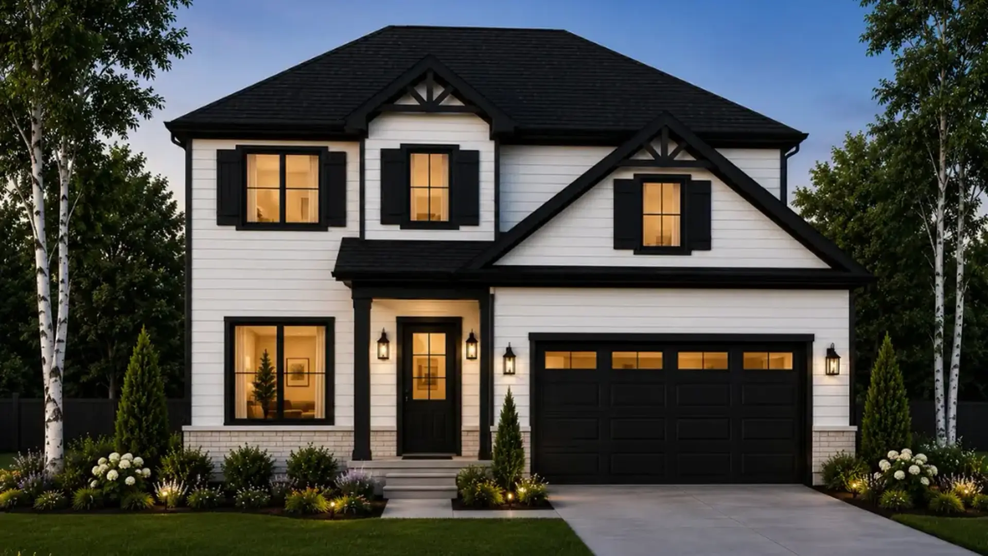 Henry two-story house with white siding, black shutters, lit windows, and double garage.