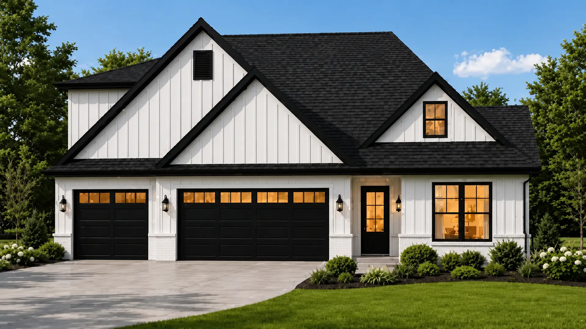 Theo modern farmhouse floor plan with white siding, black roof, and three-car garage.