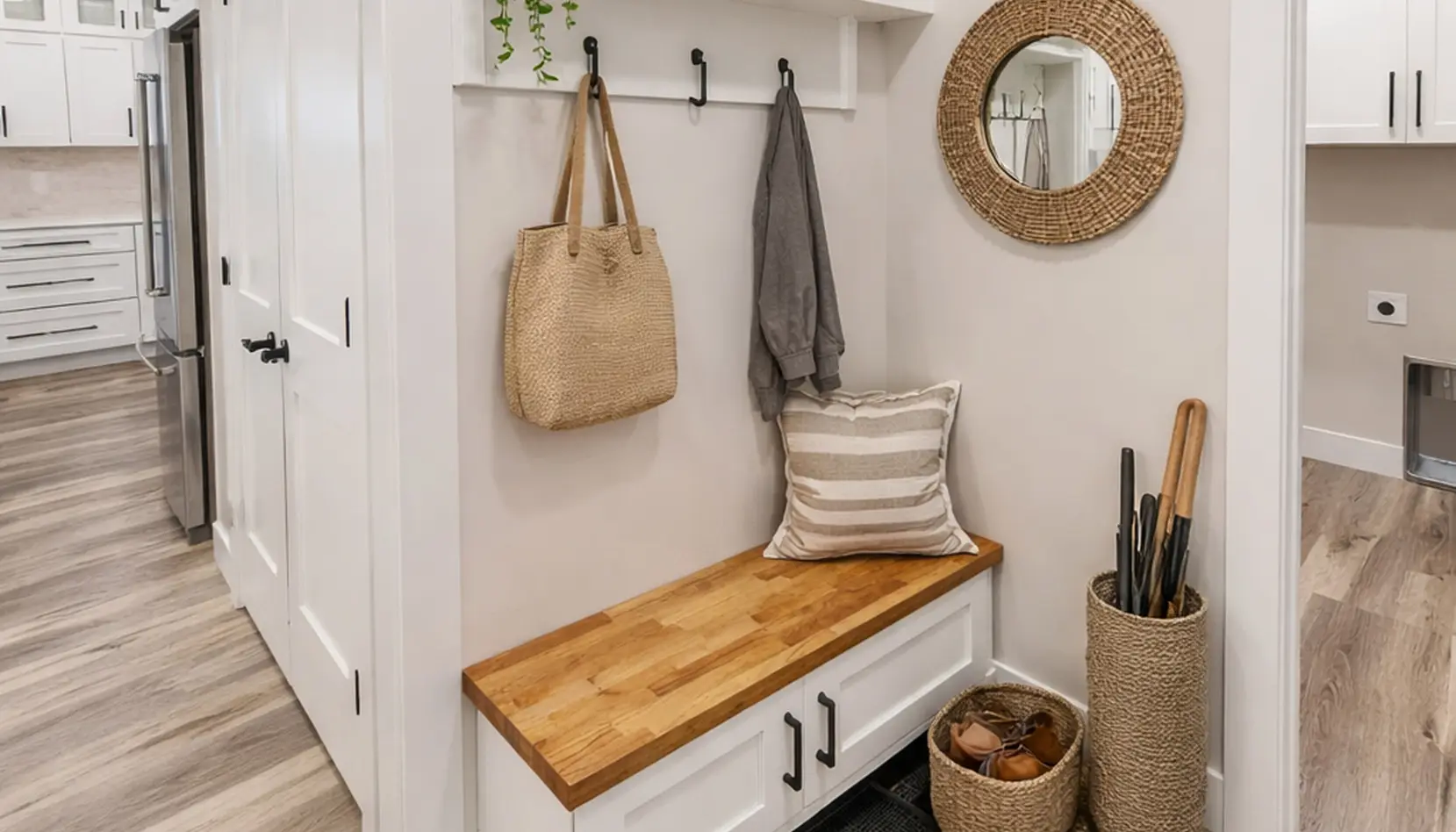 Aurora Modern Farmhouse Entryway With Wood Bench