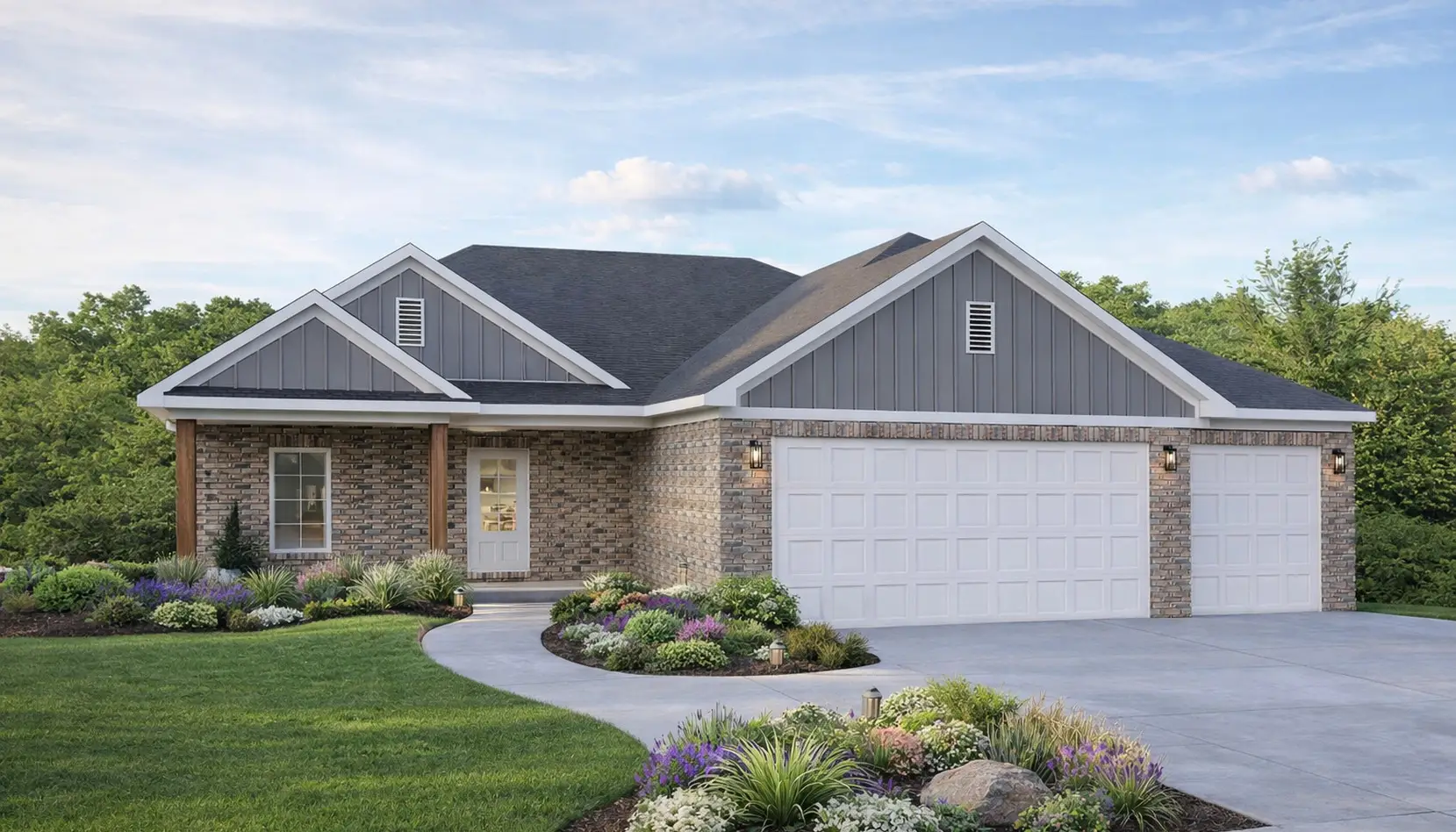 Aurora Brick Home With Three-Car Garage and Landscaping