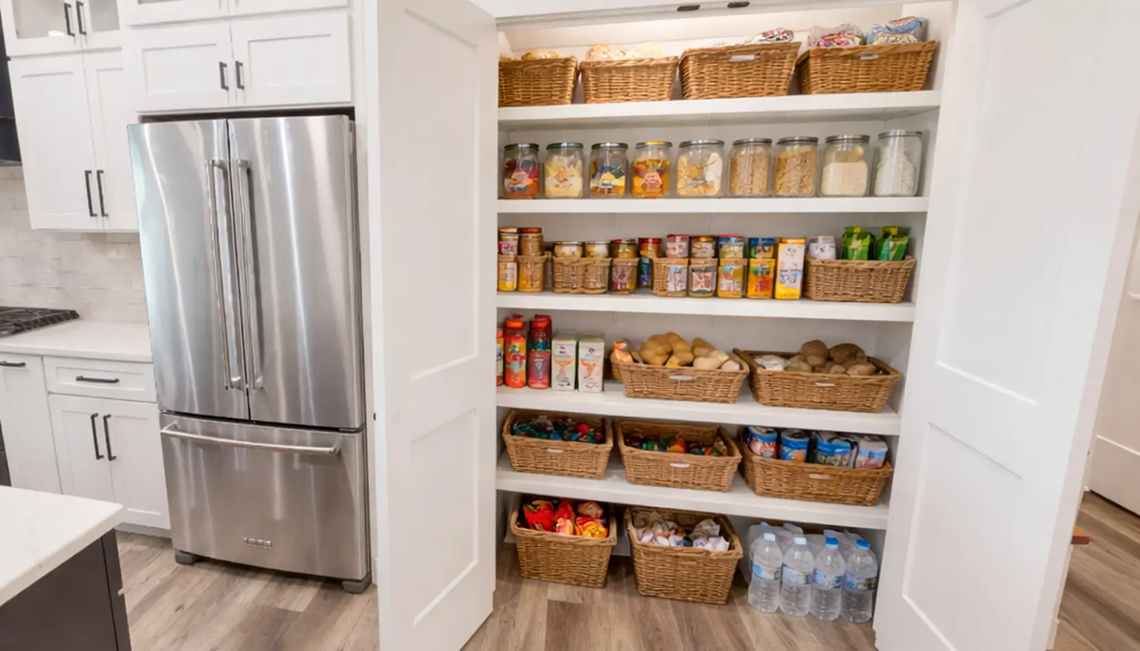 Aurora-Lit Organized Pantry in a Modern Kitchen