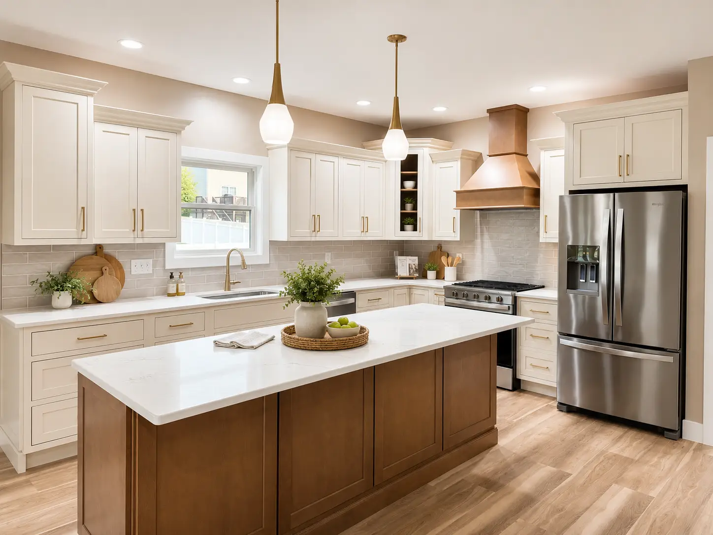 Modern white kitchen with wood island, copper range hood, and stainless steel appliances.