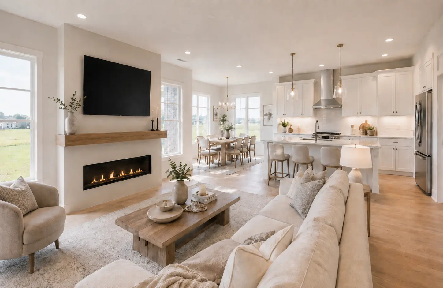 Modern farmhouse living area gallery with cream sectional, fireplace, dining space, and open kitchen.